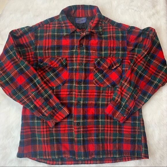 Vintage 60s Pendleton Wool Board Shirt Red Blue Green Plaid Loop Collar Sz Large - Picture 1 of 8